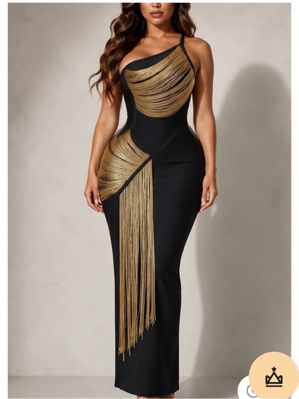 Black and Gold One-Shoulder Evening Dress